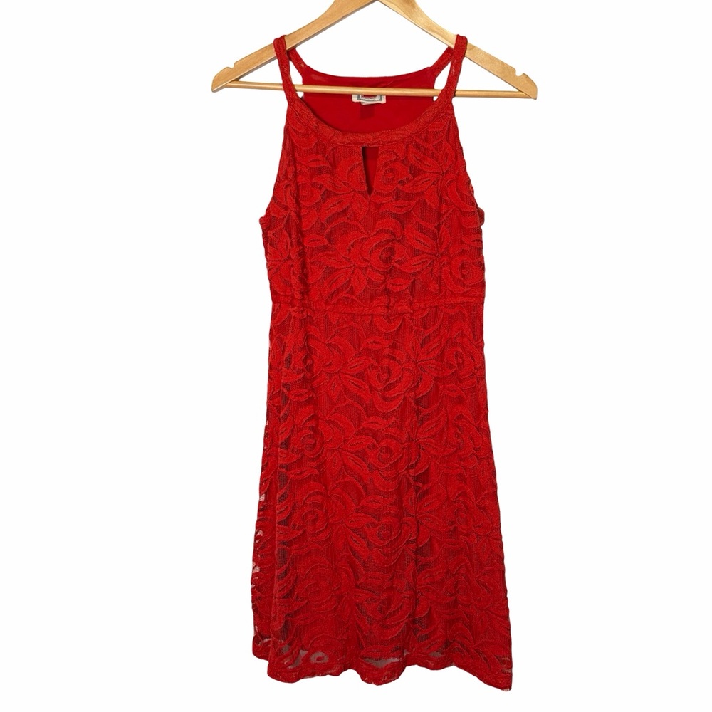 LOFT Pull Over Lace Overlay Dress Red, Size Small Petite